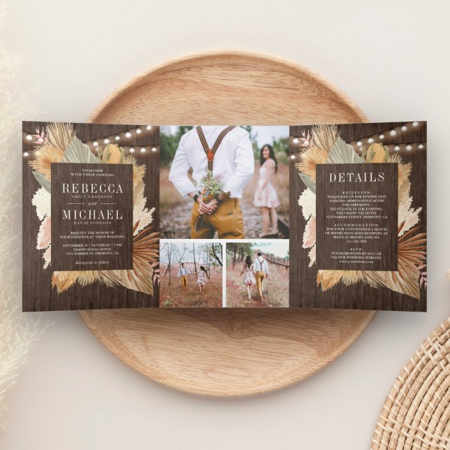 Invitación Tríptica Boda del Collage de fotos Boho Pampas Dried Palm W (Subido por el creador)