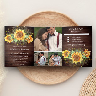 Invitación Tríptica Boda del Collage de fotos de girasoles de la mader