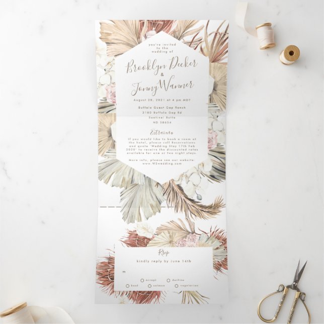 Invitación Tríptica Boda del desierto moderno de Pampas Boho (Interior)