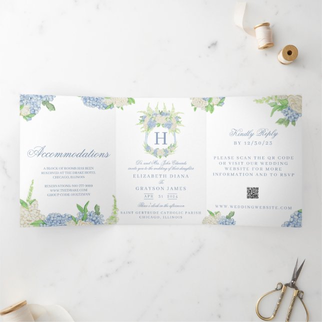 Invitación Tríptica Boda del Escudo de hidrangea azul y blanca (Interior)