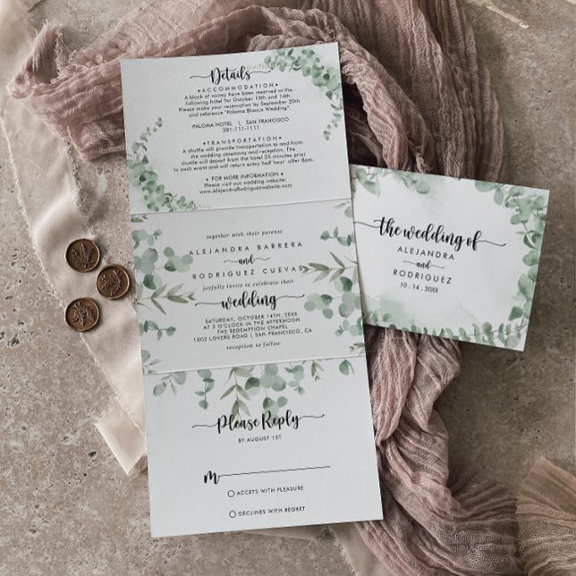 Invitación Tríptica Boda del follaje del eucalipto verde clásico (Subido por el creador)