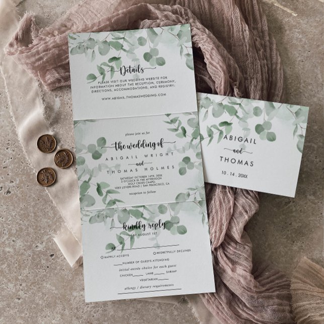 Invitación Tríptica Boda del follaje del eucalipto verde clásico (Subido por el creador)
