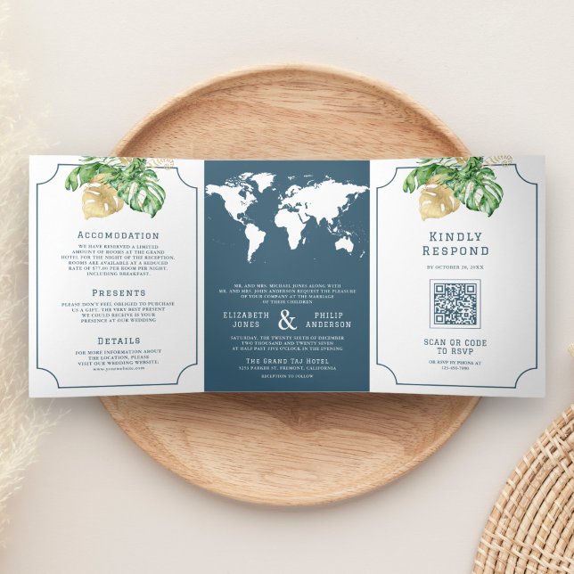Invitación Tríptica Boda del mapa del mundo azul agitado de hojas trop (Subido por el creador)
