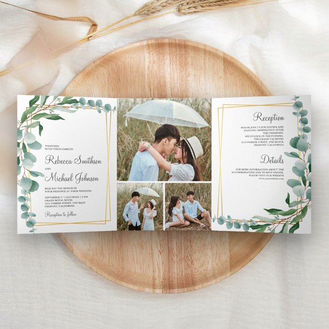 Invitación Tríptica Boda del marco dorado de la rama Eucalyptus (Subido por el creador)
