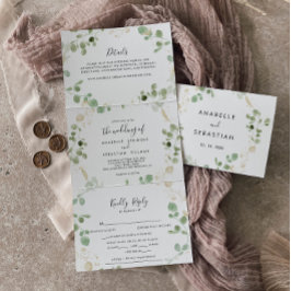 Invitación Tríptica Boda del triple follaje de Eucalipto de oro