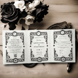 Invitación Tríptica Boda del tríplio del Rústico Blanco Negro y Occide