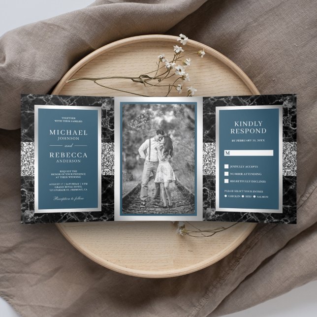 Invitación Tríptica Boda Dusty Blue Mármol Negro con Brillo de Plata (Subido por el creador)