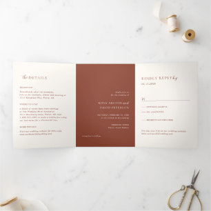 Invitación Tríptica Boda Editorial Moderna de Cobre Rústico