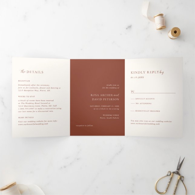 Invitación Tríptica Boda Editorial Moderna de Cobre Rústico (Interior)