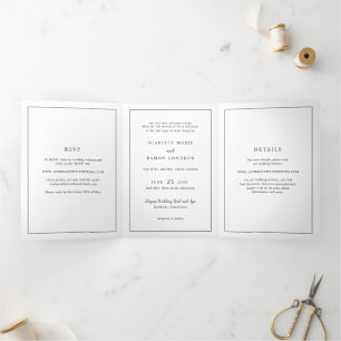 Invitación Tríptica Boda elegante atemporal en blanco y negro