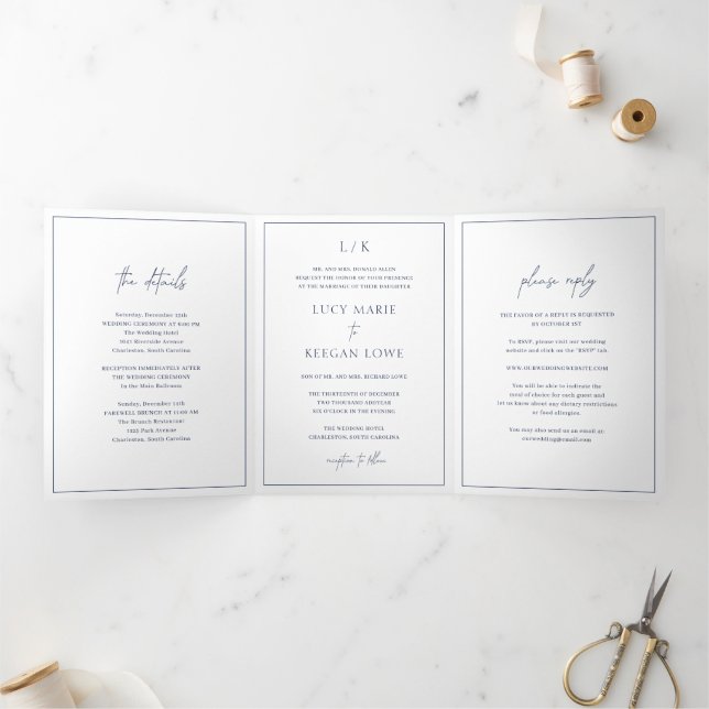 Invitación Tríptica Boda elegante azul de la Marina Monograma eterna (Interior)