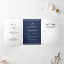 Invitación Tríptica Boda elegante azul de la Marina Tradicional
