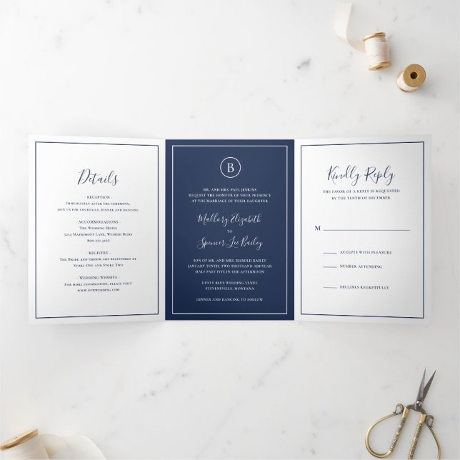 Invitación Tríptica Boda elegante azul de la Marina Tradicional (Interior)