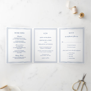 Invitación Tríptica Boda elegante azul marino clásica
