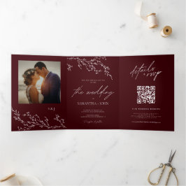 Invitación Tríptica Boda elegante botánica de burgundy y marfil