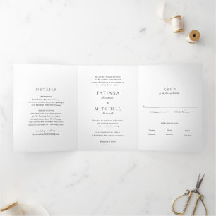 Invitación Tríptica Boda elegante clásica en blanco y negro