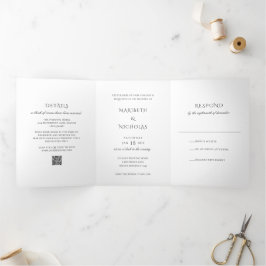 Invitación Tríptica Boda elegante con código QR en blanco y negro mode