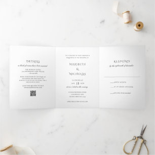 Invitación Tríptica Boda elegante con código QR en blanco y negro mode