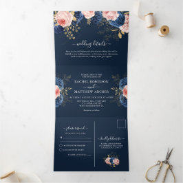 Invitación Tríptica Boda elegante con flores rosadas y azules