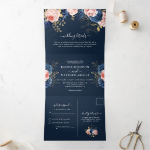 Invitación Tríptica Boda elegante con flores rosadas y azules