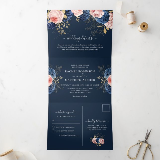 Invitación Tríptica Boda elegante con flores rosadas y azules (Interior)