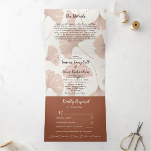 Invitación Tríptica Boda elegante con follaje de Ginkgo en terracota