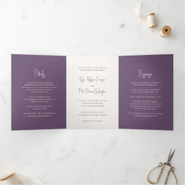 Invitación Tríptica Boda elegante con letra manuscrita púrpura moderna
