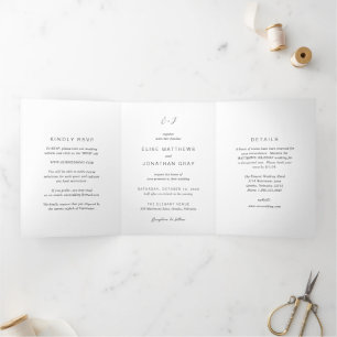 Invitación Tríptica Boda elegante con monograma en blanco y negro