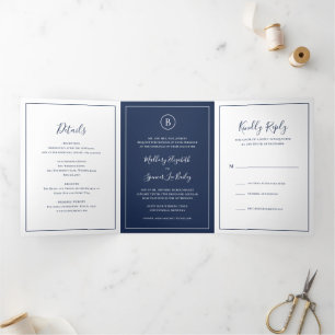 Invitación Tríptica Boda elegante de azul marino tradicional