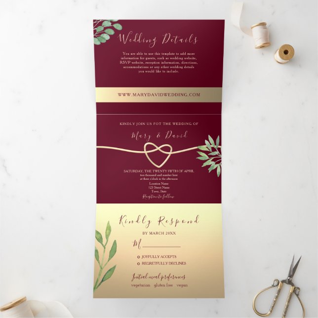 Invitación Tríptica Boda elegante de burgundy (Interior)