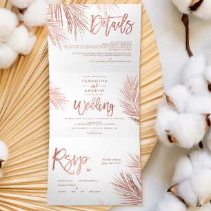 Invitación Tríptica Boda elegante de la palmera dorada rosa moderna