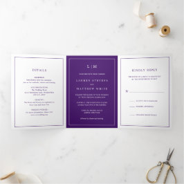 Invitación Tríptica Boda elegante de monograma morado simple