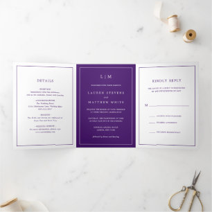 Invitación Tríptica Boda elegante de monograma morado simple