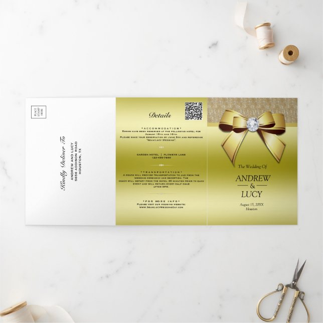 Invitación Tríptica Boda elegante de oro con lazo de joya QR Code (Exterior)
