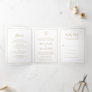 Invitación Tríptica Boda elegante de oro tradicional
