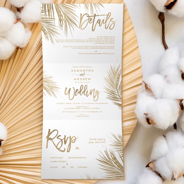 Invitación Tríptica Boda elegante de palmera dorada de moda moderna (Subido por el creador)