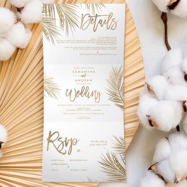 Invitación Tríptica Boda elegante de palmera dorada de moda moderna (Subido por el creador)