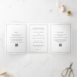 Invitación Tríptica Boda elegante del código QR blanco y negro eterno