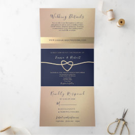 Invitación Tríptica Boda elegante en dorado rosa y azul marino
