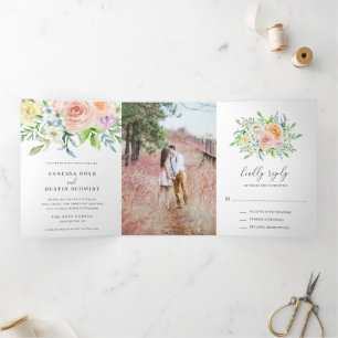 Invitación Tríptica Boda elegante floral de melocotón moderno