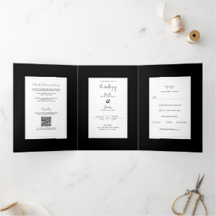 Invitación Tríptica Boda elegante minimalista moderna en negro blanco