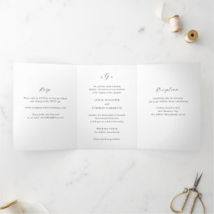 Invitación Tríptica Boda Elegante Monograma Atemporal en Blanco y Negr