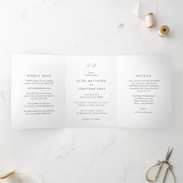 Invitación Tríptica Boda elegante monograma blanco y negro (Interior)