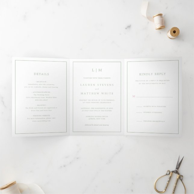 Invitación Tríptica Boda Elegante Monograma Verde Simple (Interior)