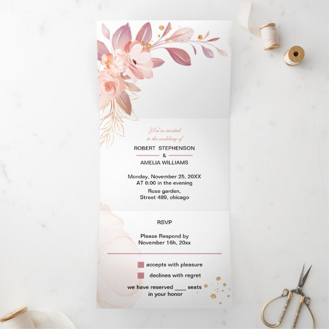 Invitación Tríptica Boda  elegante Naranja flor (Interior)