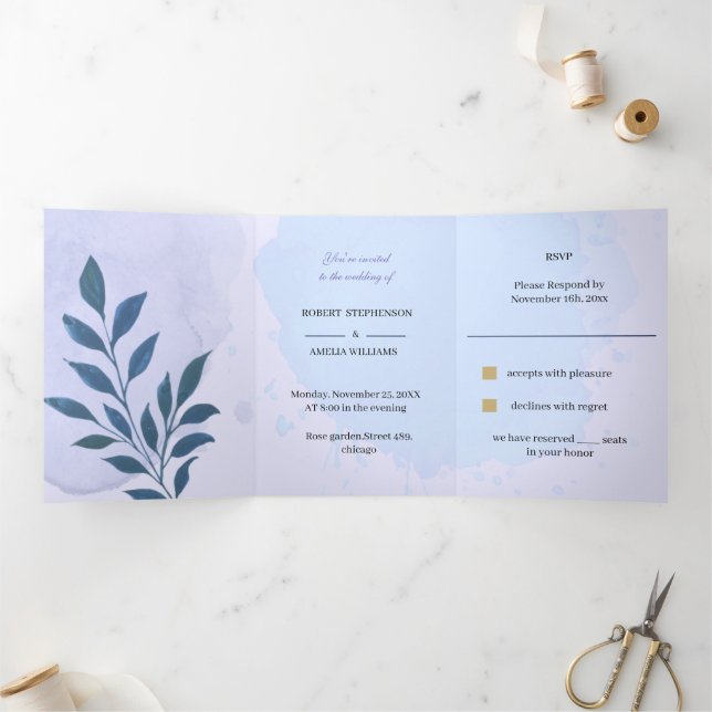 Invitación Tríptica Boda elegante personalizado estético azul (Interior)