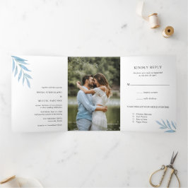 Invitación Tríptica Boda elegante polvoriento azul rústico botánico Fo
