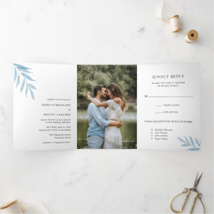Invitación Tríptica Boda elegante polvoriento azul rústico botánico Fo
