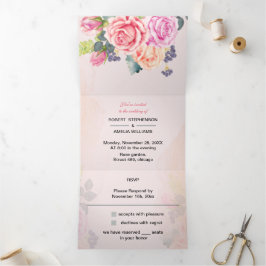 Invitación Tríptica Boda  elegante Rosa flor