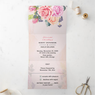 Invitación Tríptica Boda  elegante Rosa flor